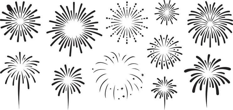 doce negro fuegos artificiales siluetas explotando en varios formas y tamaños rastreado ilustración conjunto aislado en blanco antecedentes vector