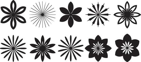 Black and White Floral Set of Twelve Traced Flower and Starburst Designs Simple Geometric Line Art Graphics Elements for Textile Print vector