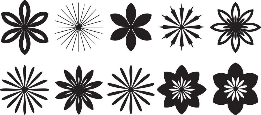 Black and White Floral Set of Twelve Traced Flower and Starburst Designs Simple Geometric Line Art Graphics Elements for Textile Print