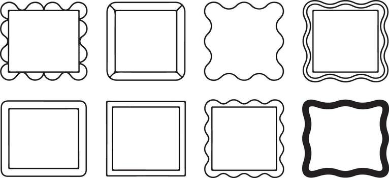 Eight Black Outline Rectangle Frames with Varied Wavy and Straight Edges Set Isolated on White Background Simple Geometric Border Templates for Design vector