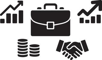 Black glyph icons set depicting a briefcase surrounded by upward trending bar graphs stacks of coins and a handshake symbolizing business success vector
