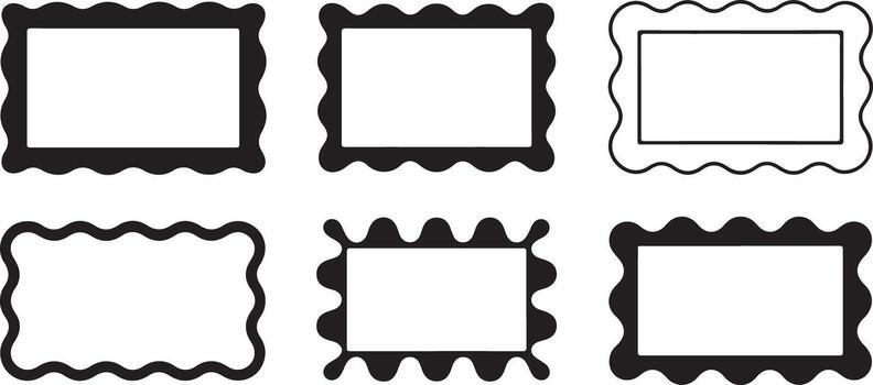 Six Black Rectangular Frames with Wavy Edges Set Isolated on White Background Simple Square Borders Collection for Design Templates vector