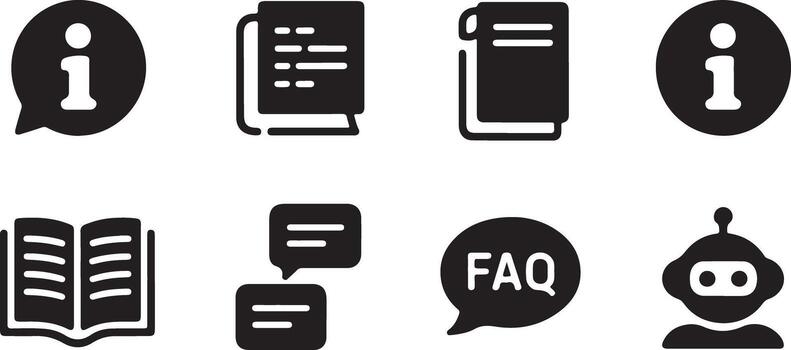 conjunto de ocho negro glifo información apoyo íconos ilustración F un q libro abierto libro charla burbujas robot información símbolo vector