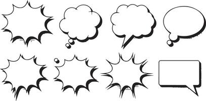Eight Black and White Comic Book Style Speech Bubbles and Thought Bubbles Silhouettes Set Isolated on White Background vector