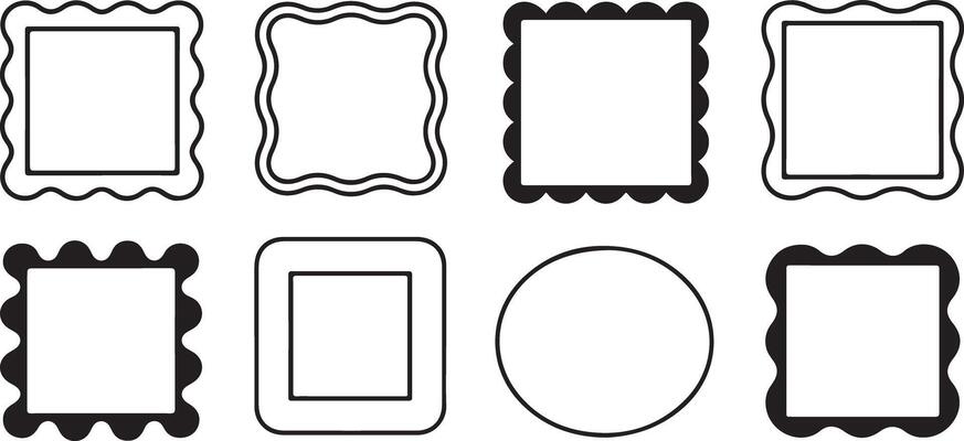 Eight Black and White Rectangle Frames with Wavy and Scalloped Edges Set of Blank Square and Round Borders Simple Geometric Shapes for Design Templates