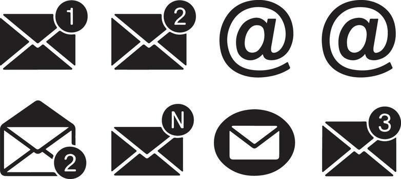 Black Silhouettes of Envelopes Email Icons with Number Notifications and At Symbols Set of Eight Simple Messaging Communication Graphics vector
