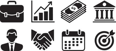 Eight Monochrome Glyph Icons Depicting Business Concepts Including Briefcase Growth Chart Money Bank Building Businessperson Handshake Calendar and Target vector