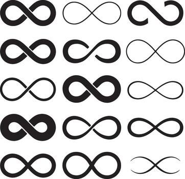 Fifteen Variations of Black Infinity Symbols Graphic Illustration Set Different Line Weights and Styles Bold and Thin Lines Simple and Elegant vector