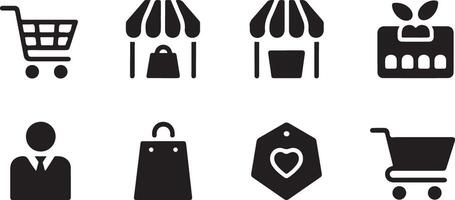 Eight Black Glyph Icons Depicting Shopping Retail Concepts Including Shopping Carts Shopping Bags Store Canopies and a Customer Service Icon vector