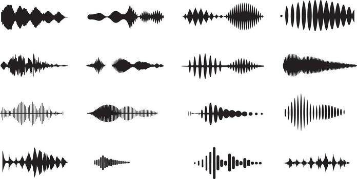 dieciséis negro y blanco rastreado sonido formas de onda varios formas y tamaños audio visualizador gráfico diseño elementos vector