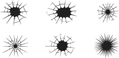 Six Black Silhouettes of Cracked or Broken Surfaces Resembling Shattered Glass or Bullet Holes with Irregular Spiky Edges and Central Dark vector