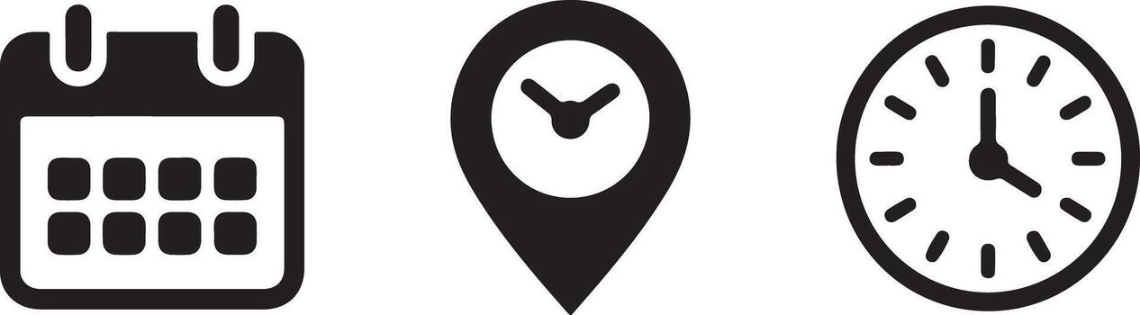 Black Calendar Icon Clock Icon Location Pin Icon Set Simple Flat Design Time Management Schedule Appointment Reminder Event Planning vector