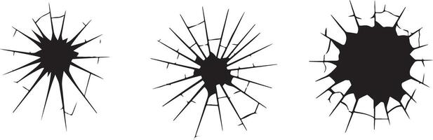 Three Black Silhouettes of Shattered Glass with Irregular Cracks and Starburst Patterns on White Background vector