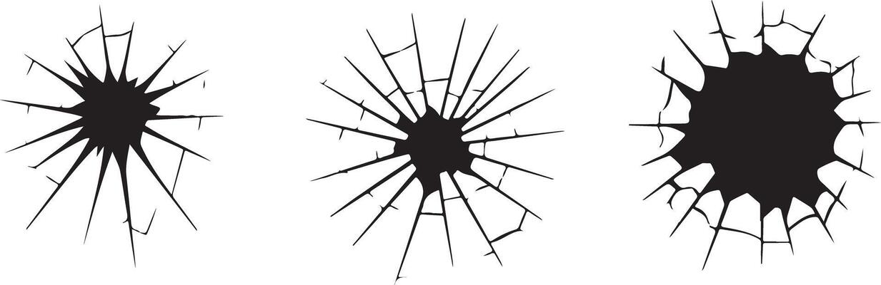 Three Black Silhouettes of Shattered Glass with Irregular Cracks and Starburst Patterns on White Background