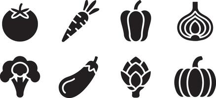 Black and White Vegetable Glyph Icon Set featuring Tomato Carrot Bell Pepper Onion Broccoli Eggplant Artichoke and Pumpkin vector