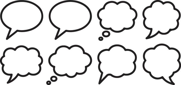 Eight Black Outline Speech Bubbles and Thought Bubbles Illustration Set Different Shapes and Sizes Blank White Interiors Simple Line Art Design vector