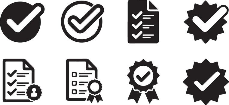 Black and White Checkmark Approval Icon Set Glyph Illustrations Featuring Checkmarks in Circles Badges Documents and Checklist Icons vector