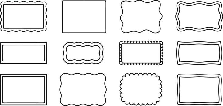 Twelve Black Outline Rectangle Frames with Varied Wavy and Scalloped Edges Set on White Background vector
