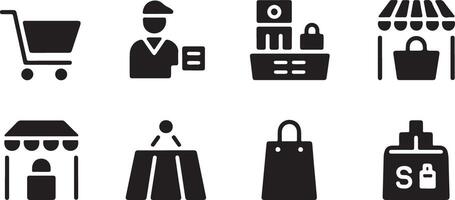 Black Glyph Shopping Retail Icon Set Illustration featuring Shopping Cart Store Clerk Counter Market Stall Shopping Bag and Payment Icons vector