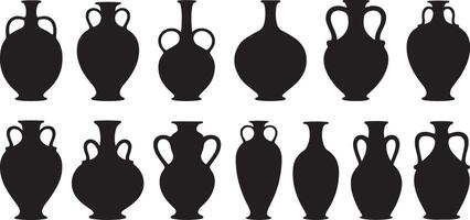 Black Silhouette Illustration of Various Amphoras and Vases Different Shapes and Sizes Ancient Greek Pottery Styles Collection vector