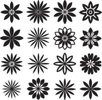Sixteen Black and White Floral Designs Simple Geometric Flower Icons Set Circular Symmetrical Patterns Graphic Elements for Branding Decoration vector