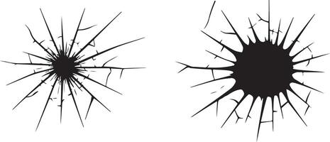 Two Black Silhouettes of Shattered Glass with Irregular Cracks Radiating from Central Points on White Background vector