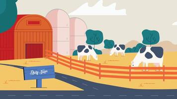 Charming Dairy Farm Scene with Colorful Barn and Cows vector