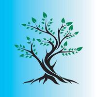 A tree with leaves on it on a blue and green background vector
