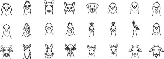 A set of different animals' heads, including a llama, a horse, a dog, vector
