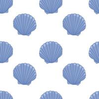 Sea shell scallop. Seamless pattern with blue seashells on white background. For summer textiles and beach designs. vector