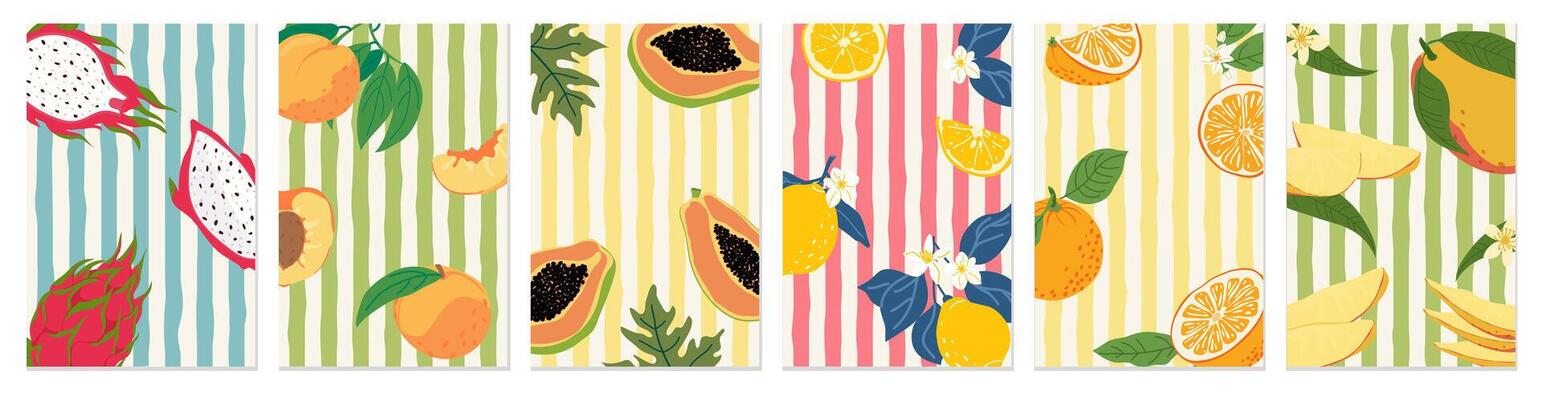 A set of colorful posters with fruits on a striped retro background for summer design. Hand-drawn trendy vintage background with mango, pitaya, peach, lemon, orange, papaya for paper, covers, fabric
