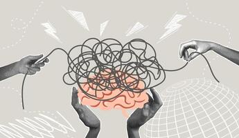 Fashionable halftone collage. Conceptual illustration of a brain tangled in wires, overload. Concept of stress, self-doubt, indecision, excessive thinking, negative emotions. vector