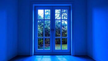 Surreal Blue Light Floods an Empty Room, Framing a Lush Garden Through French Doors. photo