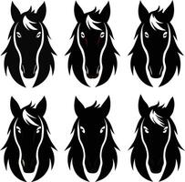 Horse face silhouette bundle set A collection of 9 black horse face silhouettes in various poses, vector