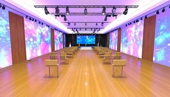 High-Tech Auditorium with Glowing Cosmic LED Walls and Symmetrical Seating photo