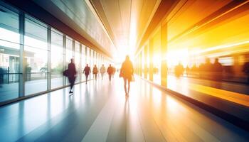 Silhouettes in Motion Commuters Rushing Through a Sunlit Glass Hallway photo