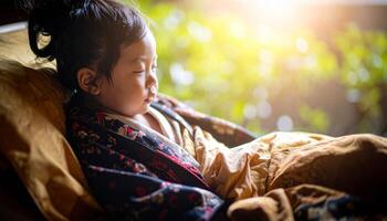 A Young Child's Tranquil Slumber in a Warm, Golden Morning Glow photo