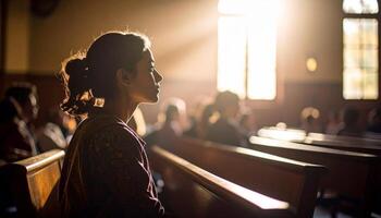 Pensive Woman's Profile Illuminated by Sunbeams in a Church photo