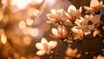 Luminous Magnolia Blossoms Glowing Against a Dreamy Golden Bokeh photo