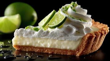 A slice of key lime pie with whipped cream and lime slices photo