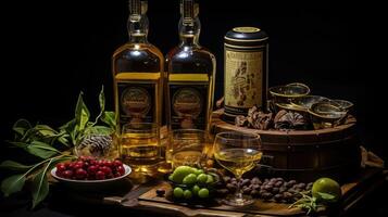 Rich rum still life with fruits, spices, and aged barrels. photo