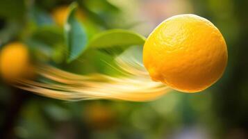 Citrus fruit in motion, vibrant orange, blurred background. photo