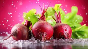 Fresh beets with vibrant color and water splash. photo