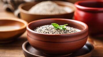 Tiny seedling sprouting in a bowl of seeds. photo