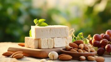 Tahini with almonds and grapes, a delicious and healthy snack. photo