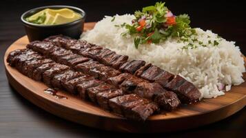 Grilled beef steak served with fluffy rice and herbs. photo