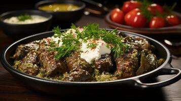 Delicious stuffed grape leaves with yogurt and herbs. photo