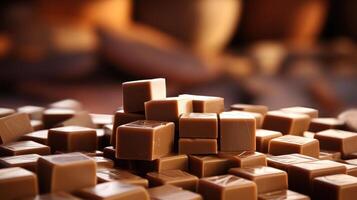 Stacked caramel cubes on a dark background. photo
