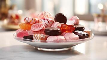 Assorted candies on a glass plate, festive and colorful. photo
