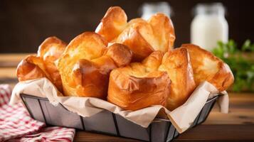 Golden, flaky rolls in a basket, ready to enjoy. photo